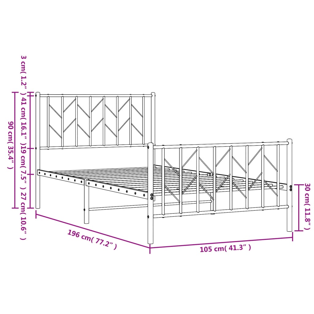 Metal Bed Frame without Mattress with Footboard White 100x190cm