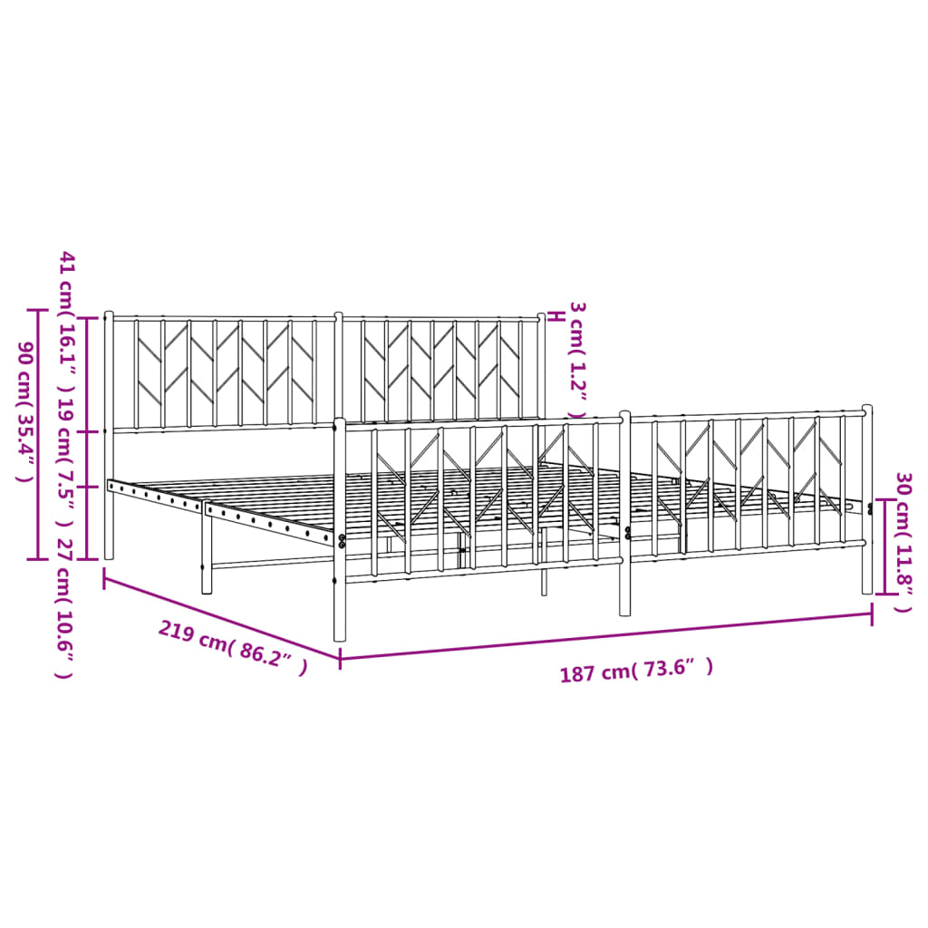 Metal Bed Frame without Mattress with Footboard White 183x213cm