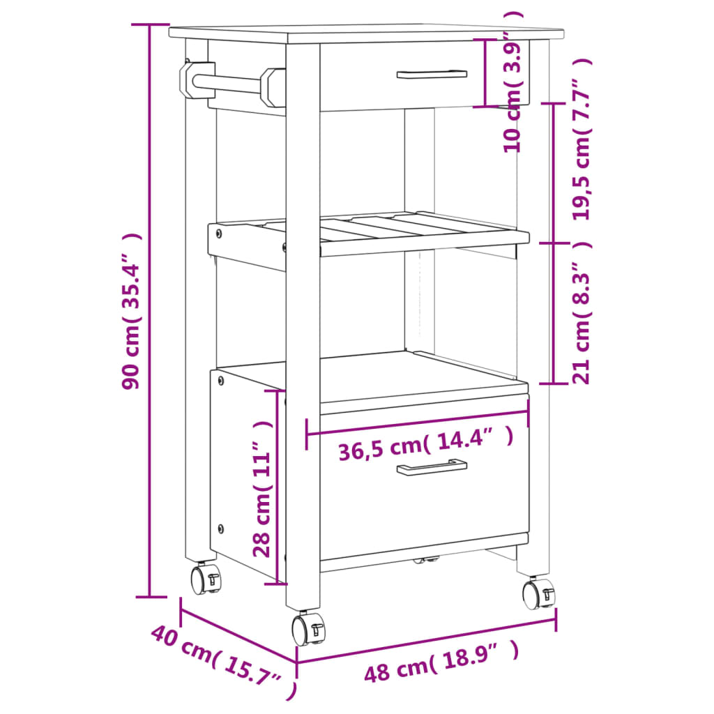 vidaXL Kitchen Trolley MONZA 48x40x90 cm Solid Wood Pine