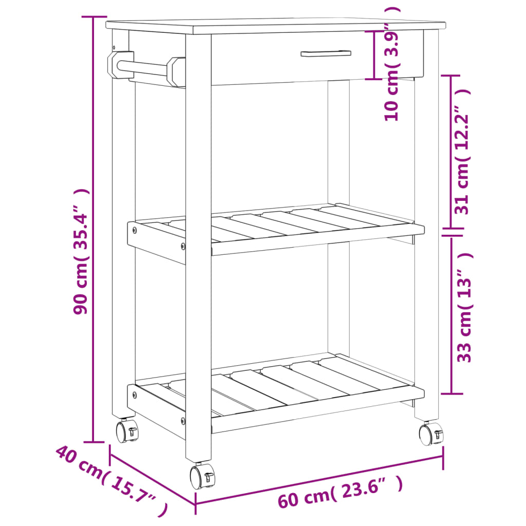 vidaXL Kitchen Trolley MONZA 60x40x90 cm Solid Wood Pine