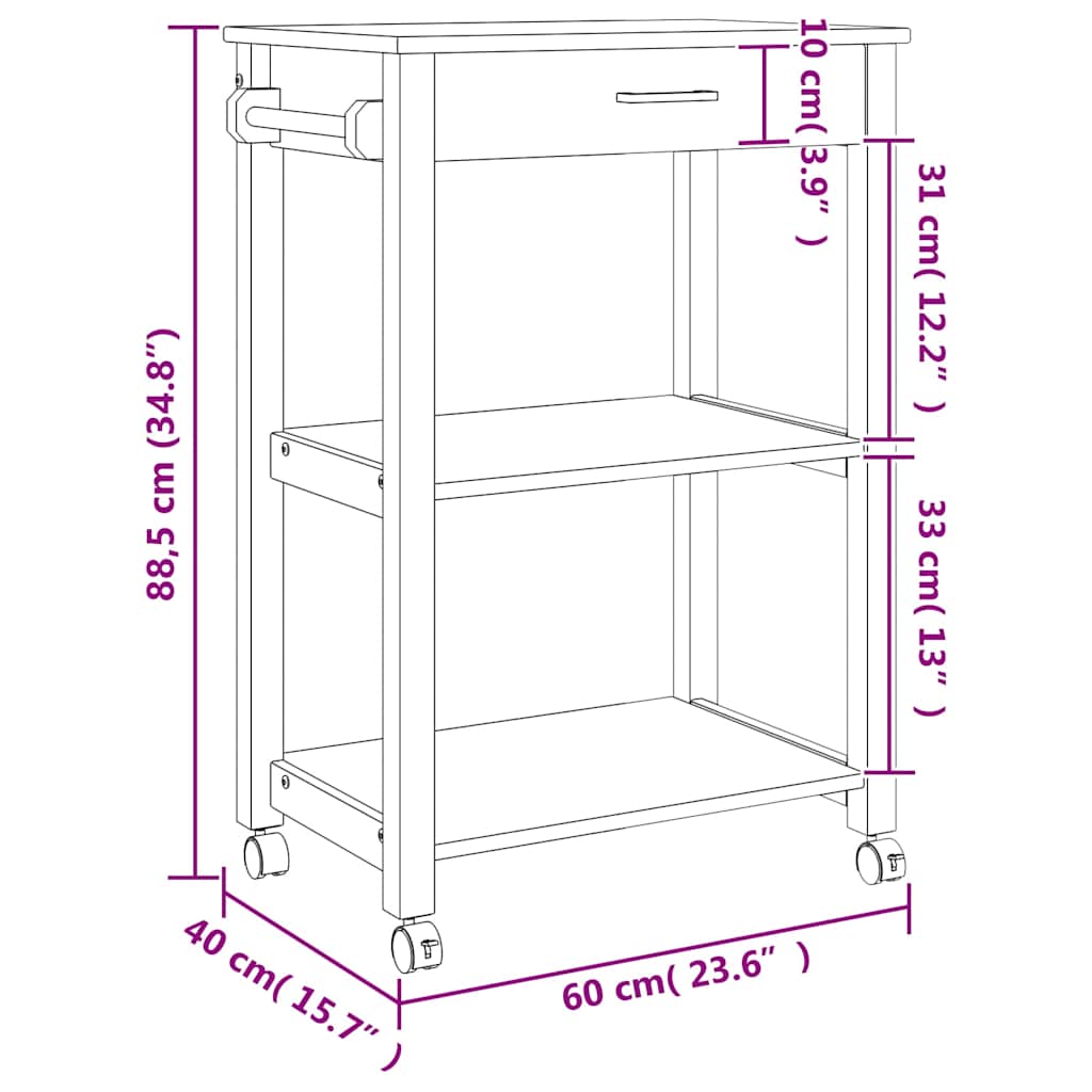 Kitchen Trolley "MONZA" 60x40x88,5 cm Solid Wood Pine