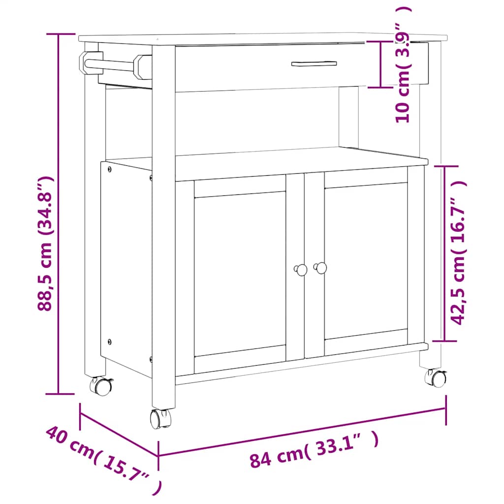 Kitchen Trolley MONZA 84x40x88.5 cm Solid Wood Pine