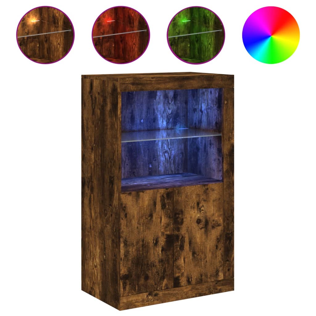Side Cabinet with LED Lights Smoked Oak Engineered Wood