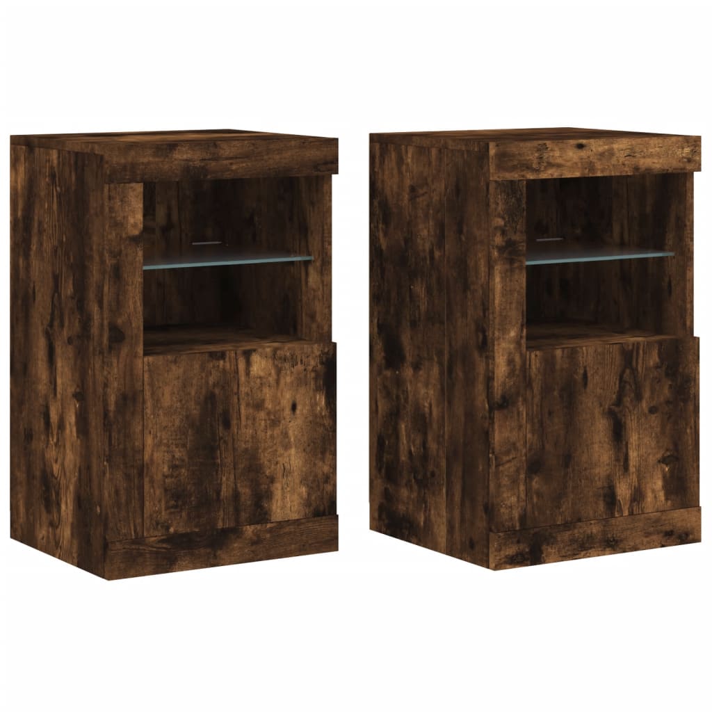 Side Cabinets with LED Lights 2 pcs Smoked Oak Engineered Wood