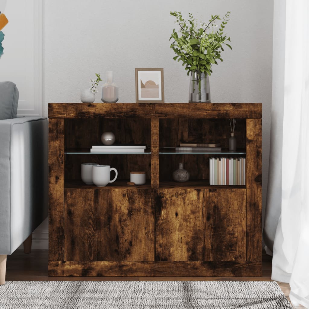 Side Cabinets with LED Lights 2 pcs Smoked Oak Engineered Wood
