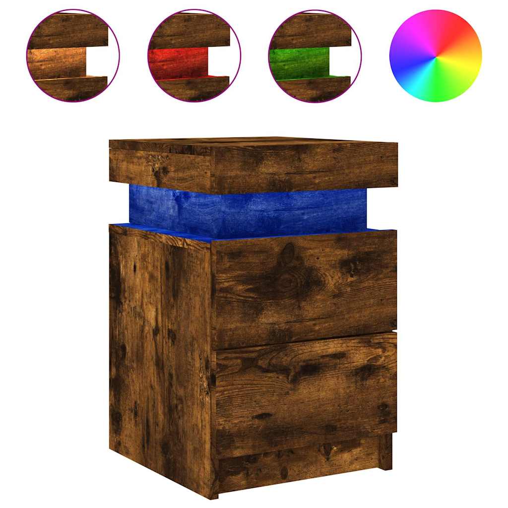 Bedside Cabinet with LED Lights Smoked Oak 35x39x55 cm