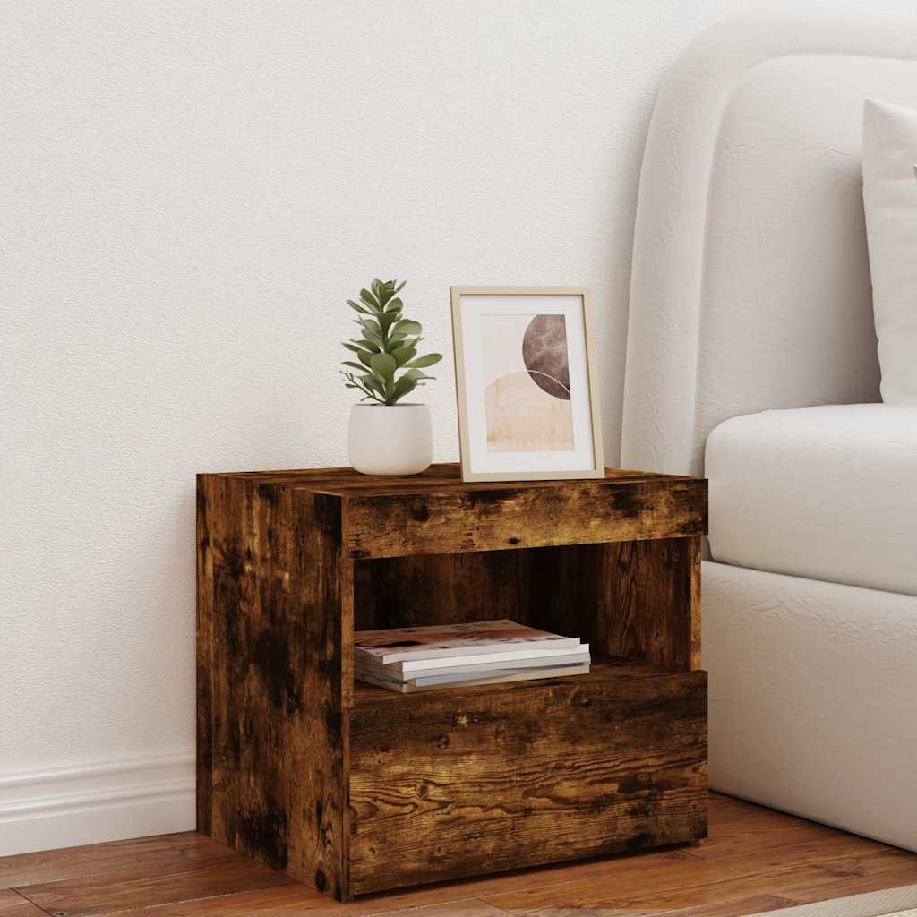 Bedside Cabinet with LED Lights Smoked Oak 50x40x45 cm