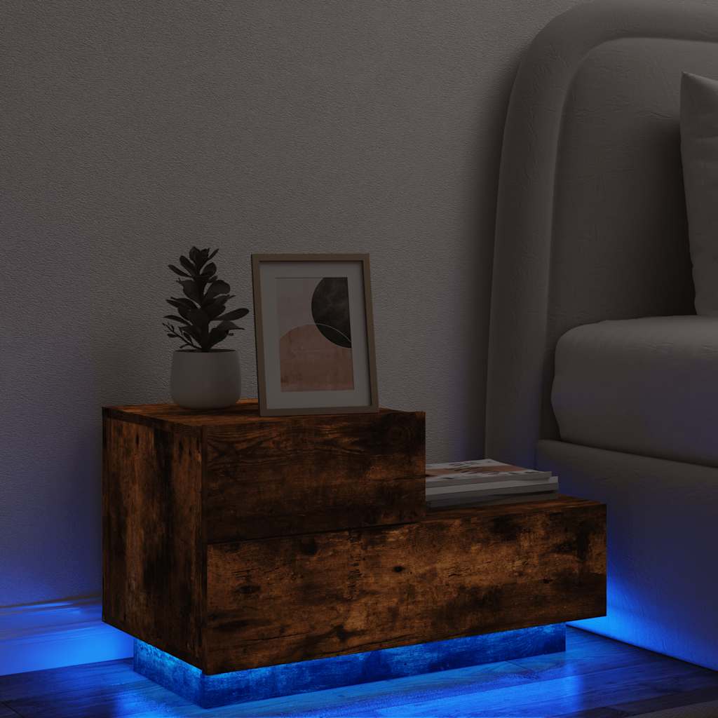 Bedside Cabinet with LED Lights Smoked Oak 70x36x40,5 cm