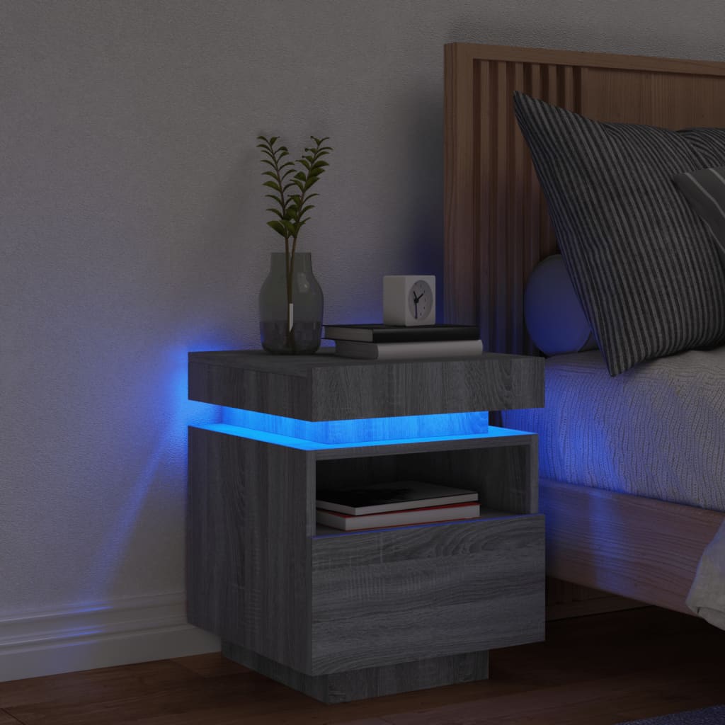 vidaXL Bedside Cabinet with LED Lights Grey Sonoma 40x39x48.5 cm