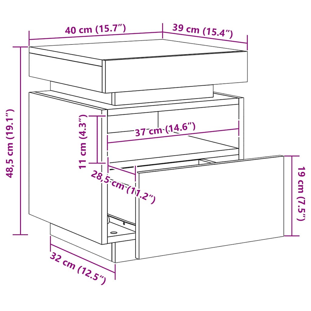 Bedside Cabinet with LED Lights Brown Oak 40x39x48.5 cm