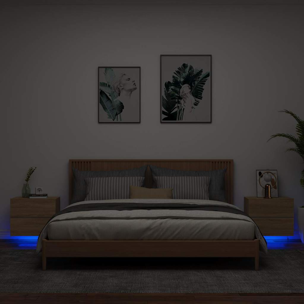 Wall-mounted Bedside Cabinets with LED Lights 2 pcs Sonoma Oak