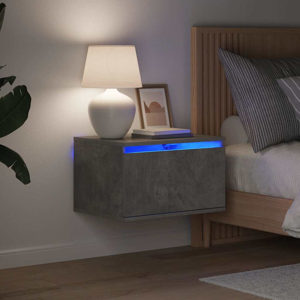 Wall-mounted Bedside Cabinet with LED Lights Concrete Grey