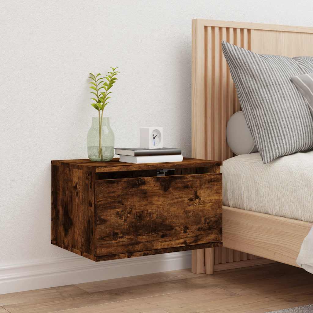 Wall-mounted Bedside Cabinet with LED Lights Smoked Oak