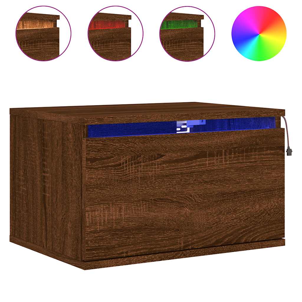 Wall-mounted Bedside Cabinet with LED Lights Brown Oak