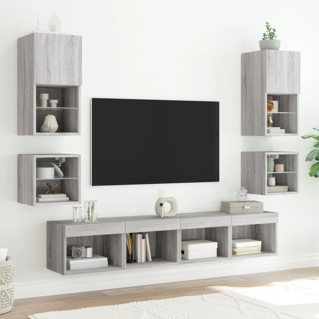 vidaXL TV Wall Cabinets with LED Lights 2 pcs Grey Sonoma 30x28.5x30 cm