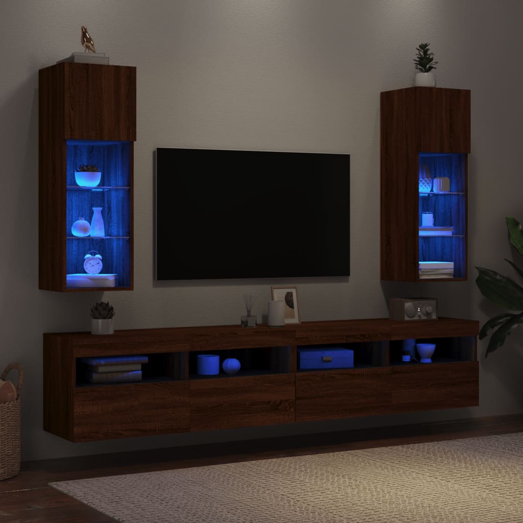 vidaXL TV Cabinets with LED Lights 2 pcs Brown Oak 30.5x30x90 cm