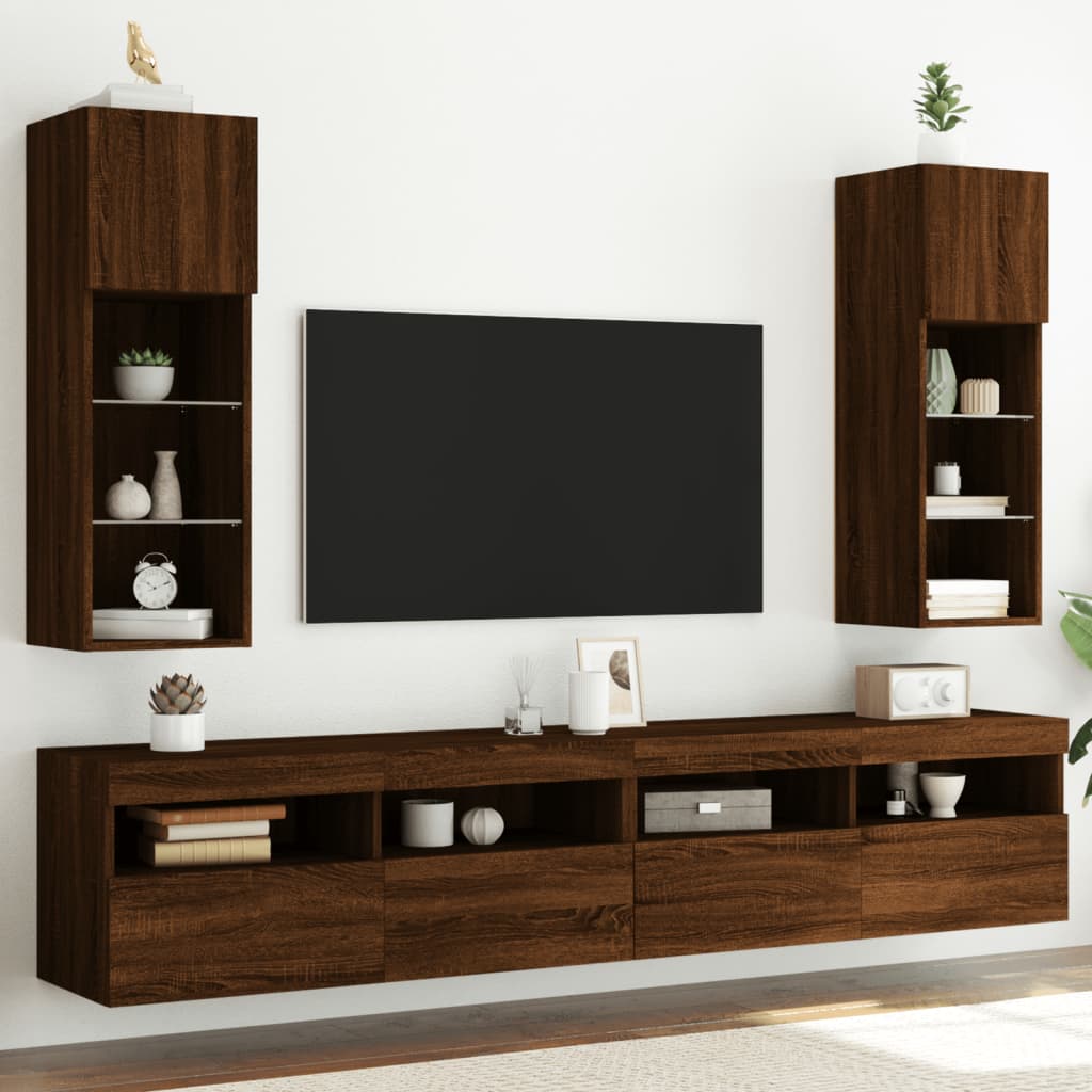 vidaXL TV Cabinets with LED Lights 2 pcs Brown Oak 30.5x30x90 cm