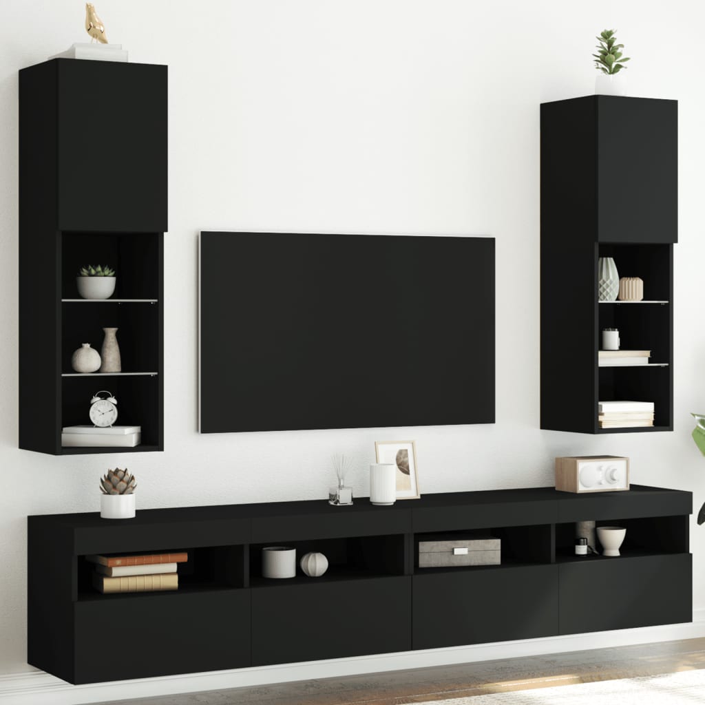 vidaXL TV Cabinets with LED Lights 2 pcs Black 30.5x30x102 cm