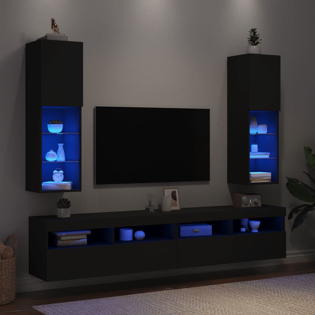 vidaXL TV Cabinets with LED Lights 2 pcs Black 30.5x30x102 cm