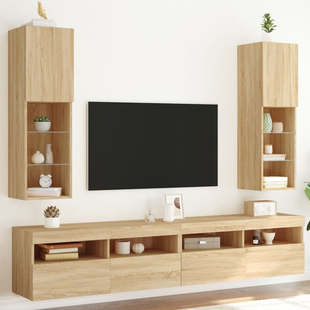 vidaXL TV Cabinets with LED Lights 2 pcs Sonoma Oak 30.5x30x102 cm