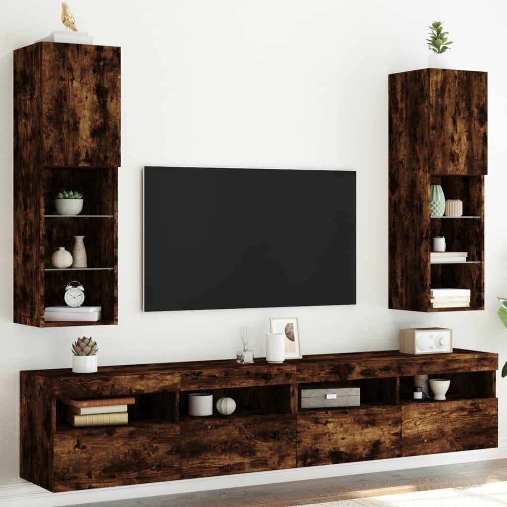 vidaXL TV Cabinets with LED Lights 2 pcs Smoked Oak 30.5x30x102 cm