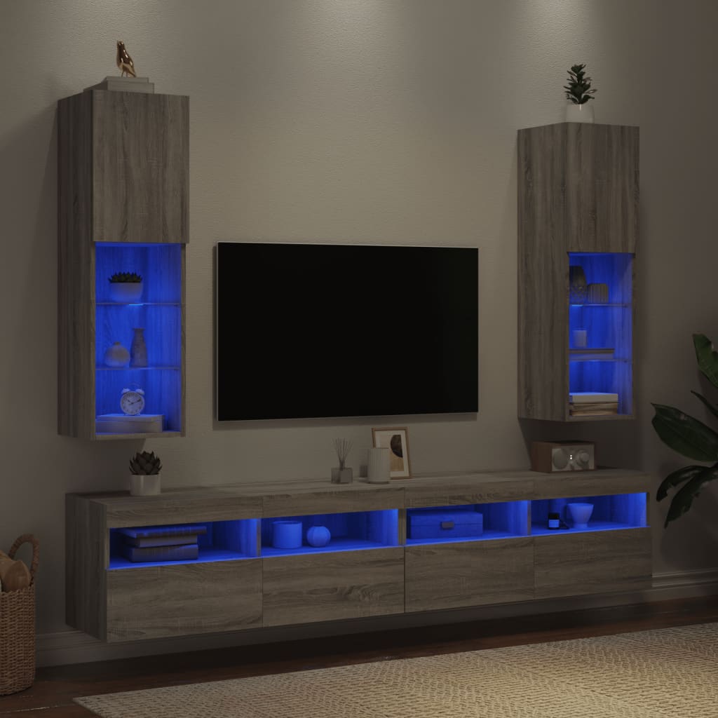 vidaXL TV Cabinets with LED Lights 2 pcs Grey Sonoma 30.5x30x102 cm