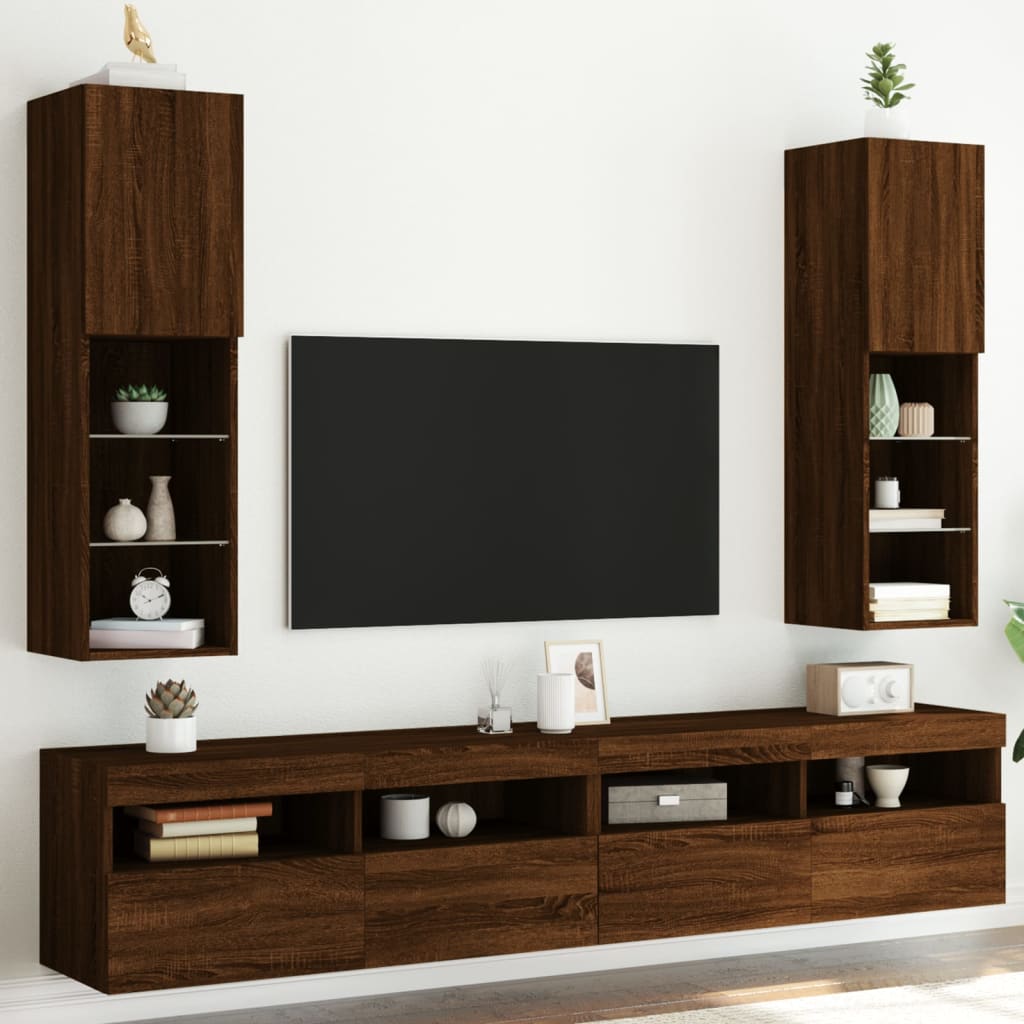 vidaXL TV Cabinets with LED Lights 2 pcs Brown Oak 30.5x30x102 cm