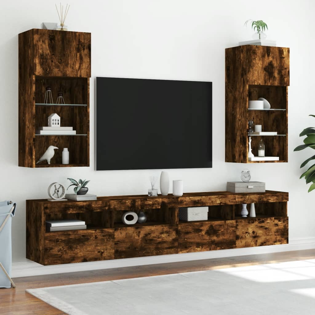TV Cabinet with LED Lights Smoked Oak 40,5x30x90 cm