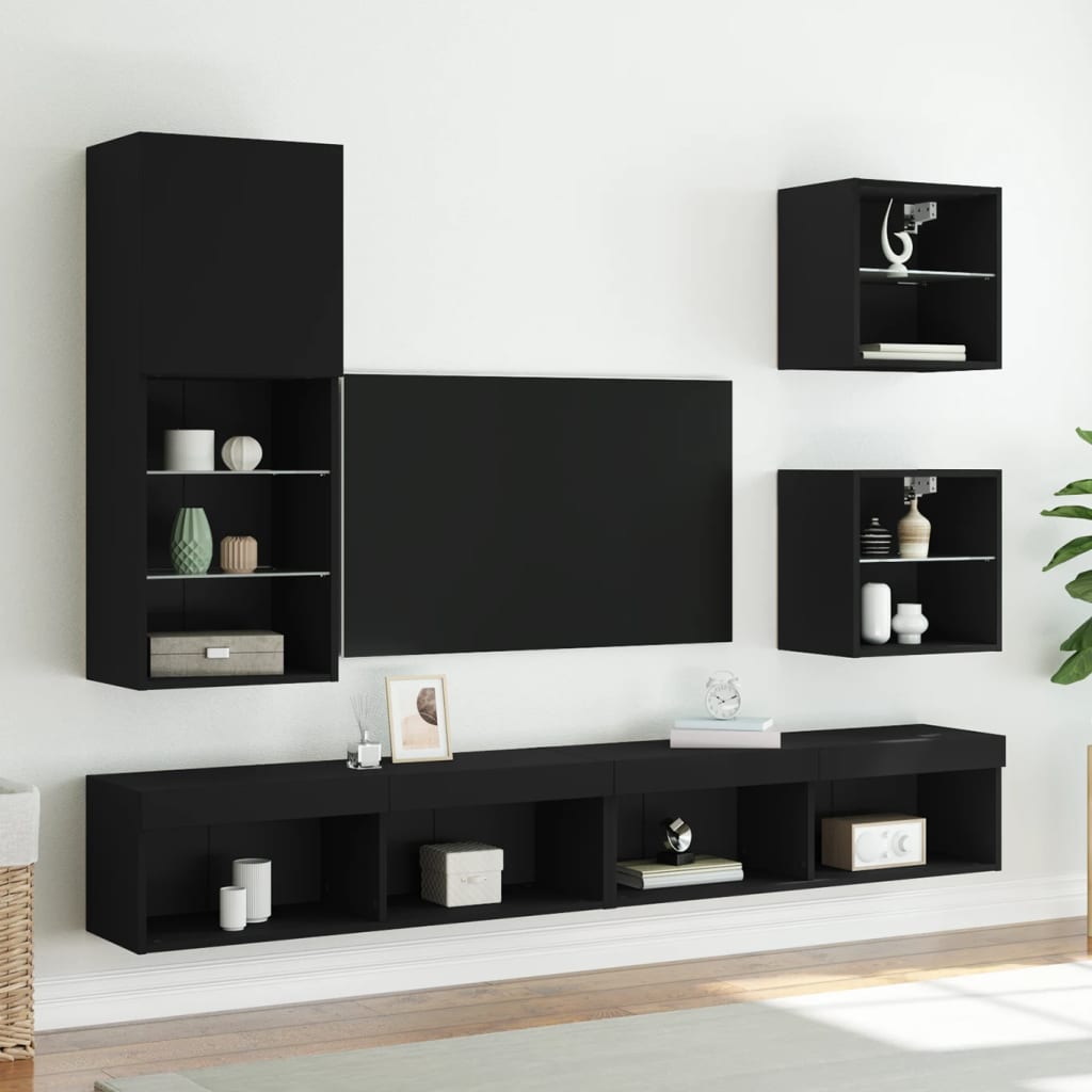Bedside Cabinet with LED Lights Wall-mounted Black