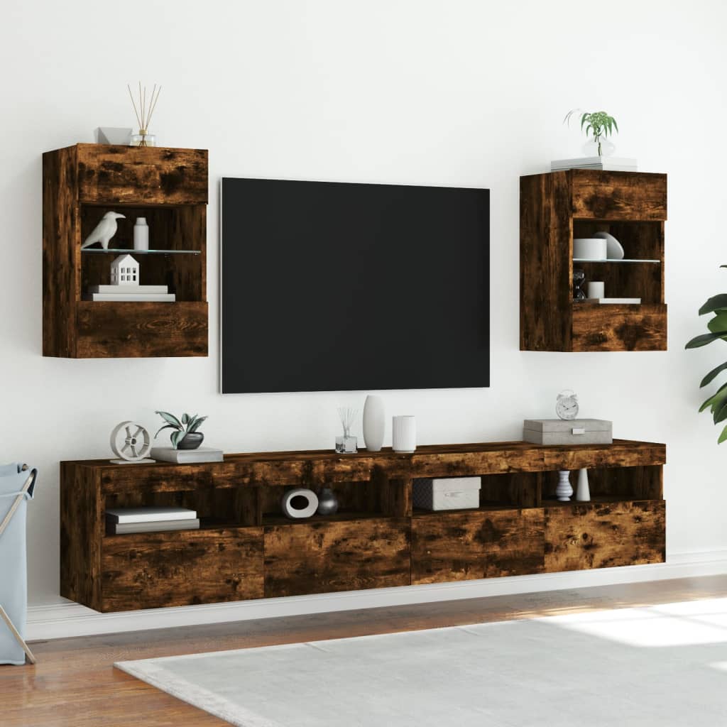 TV Wall Cabinet with LED Lights Smoked Oak 40x30x60,5 cm