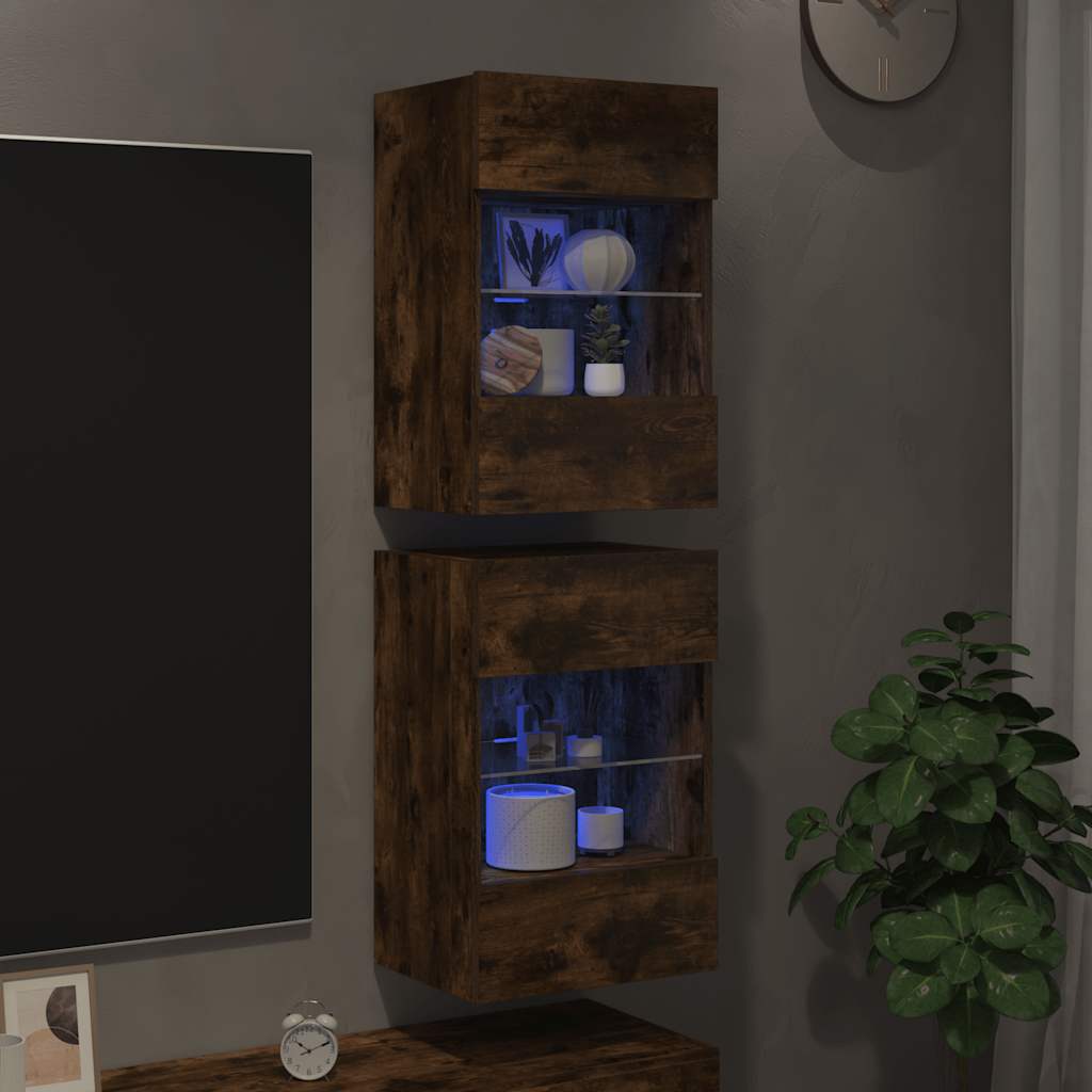 Wall Cabinets with LED Lights for TV 2 pcs Smoked Oak 40x30x60,5 cm