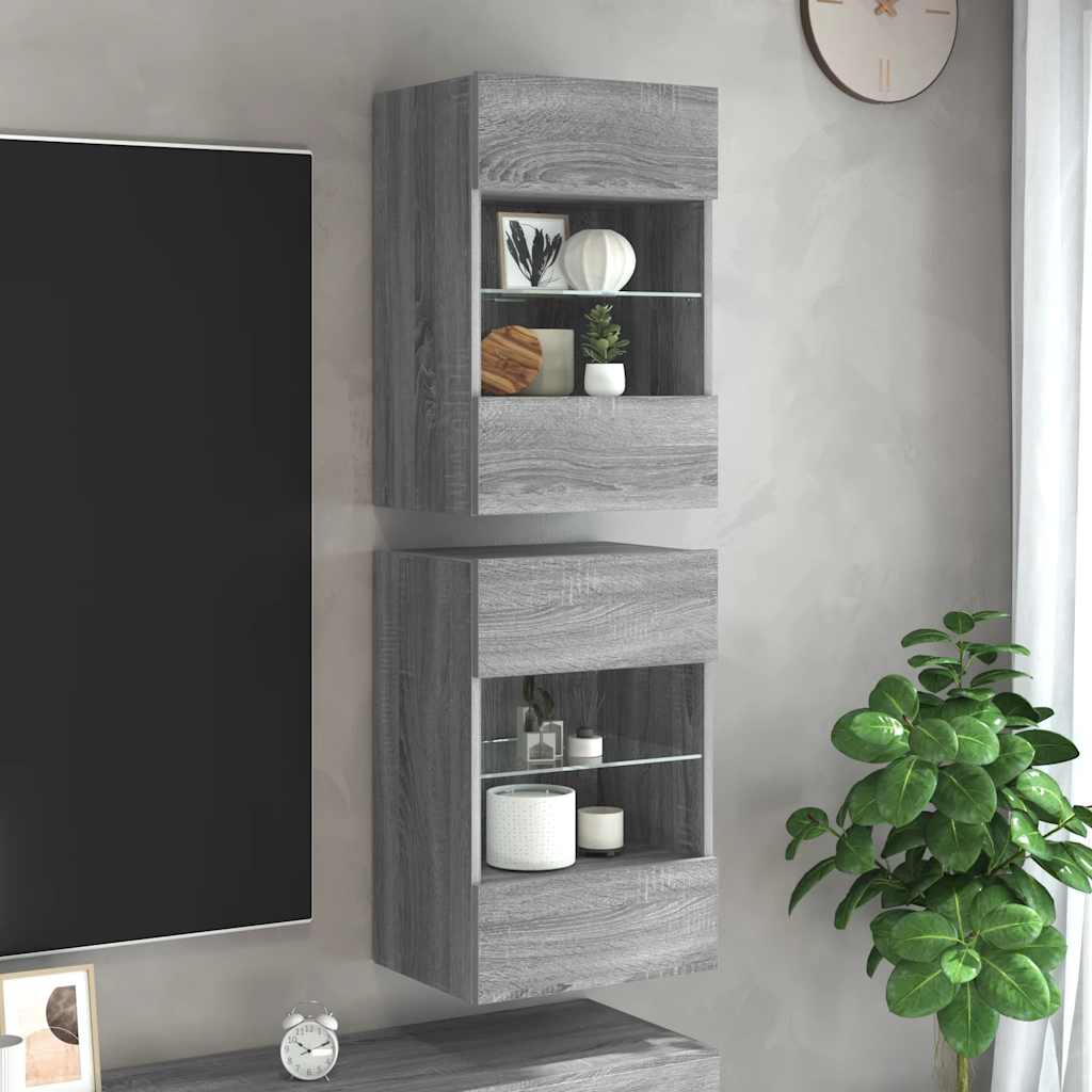 Wall Cabinets with LED Lights for TV 2 pcs Grey Sonoma 40x30x60,5 cm