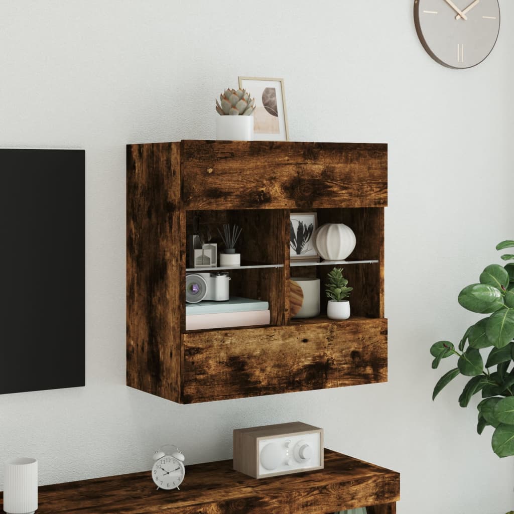 TV Wall Cabinet with LED Lights Smoked Oak 58,5x30x60,5 cm