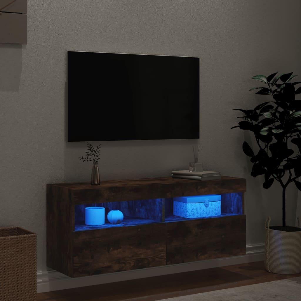 TV Wall Cabinet with LED Lights Smoked Oak 100x30x40 cm