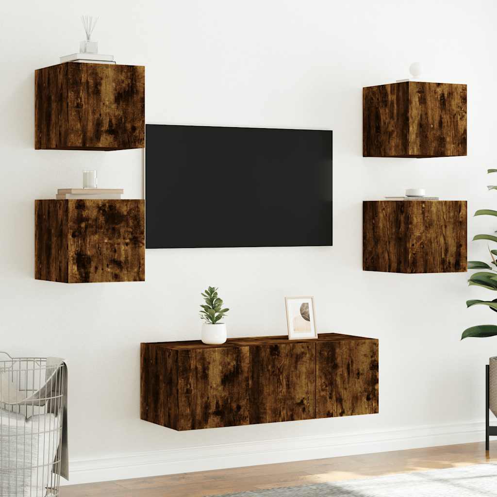 TV Wall Cabinet with LED Lights Smoked Oak 30,5x35x30 cm