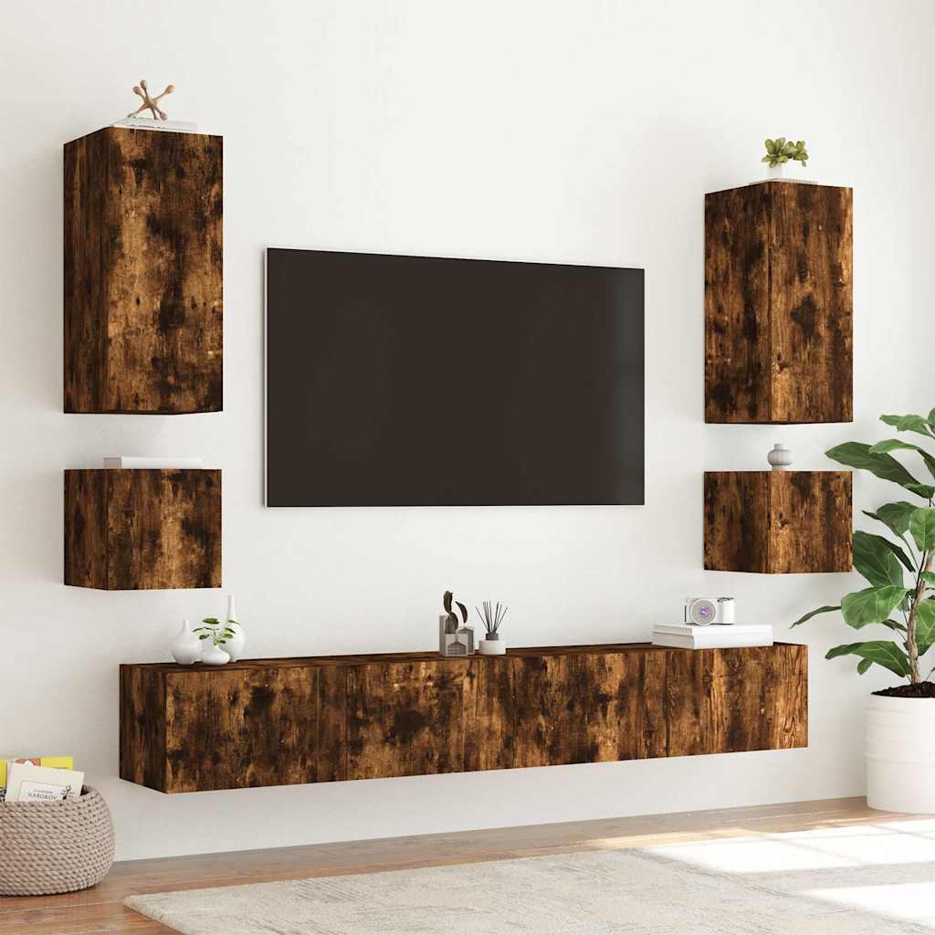 TV Wall Cabinets with LED Lights 2 pcs Smoked Oak 40,5x35x40 cm