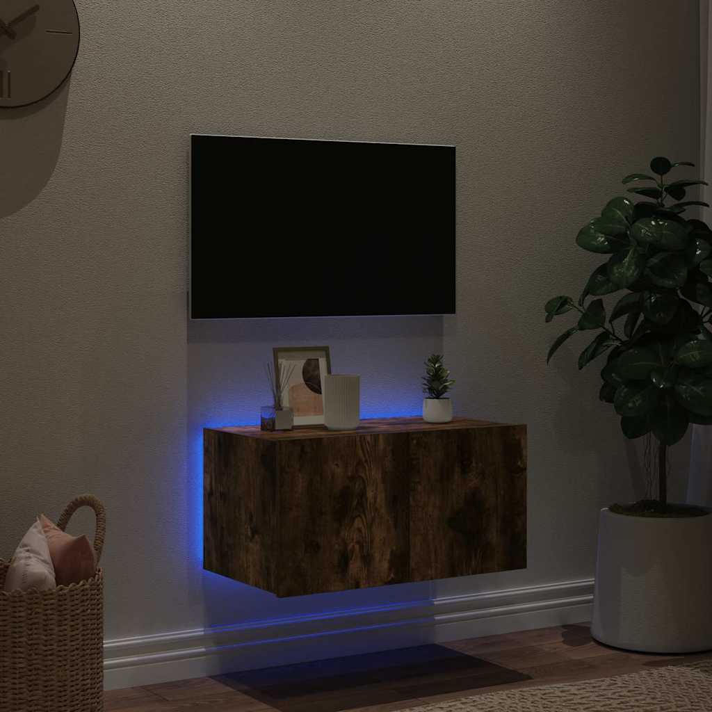 TV Wall Cabinet with LED Lights Smoked Oak 60x35x31 cm