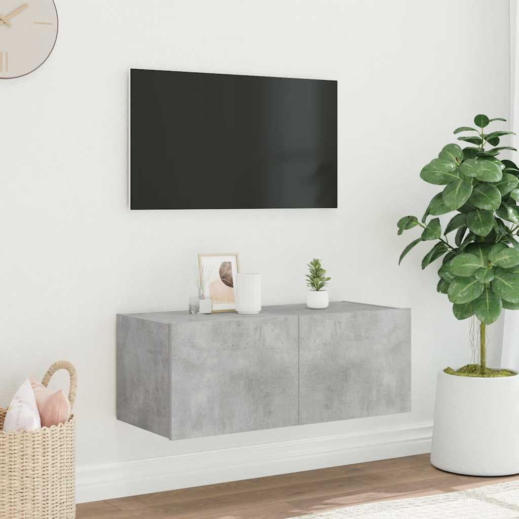 TV Wall Cabinet with LED Lights Concrete Grey 80x35x31 cm