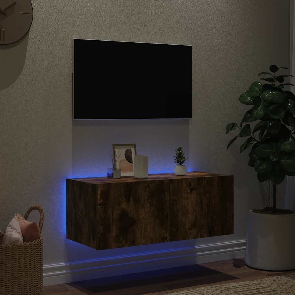 TV Wall Cabinet with LED Lights Smoked Oak 80x35x31 cm