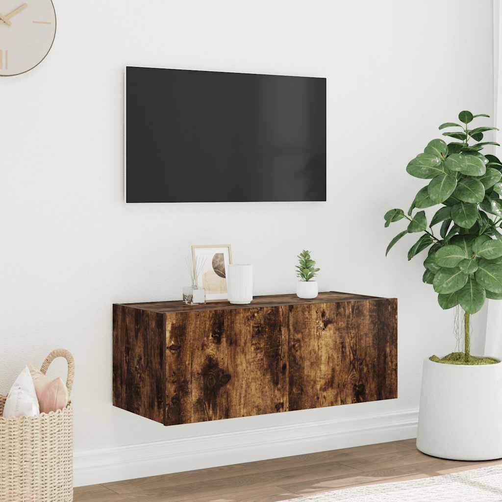 TV Wall Cabinet with LED Lights Smoked Oak 80x35x31 cm