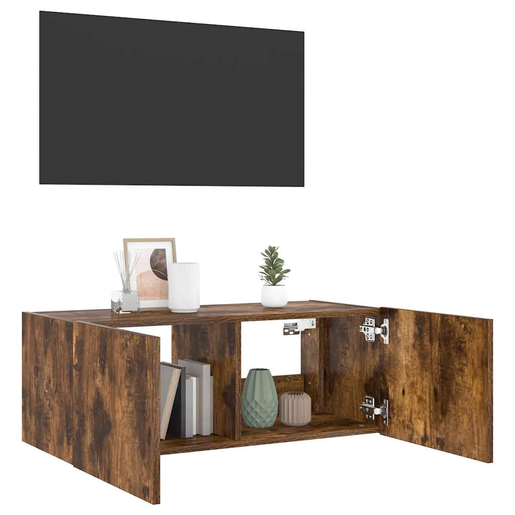 TV Wall Cabinet with LED Lights Smoked Oak 80x35x31 cm