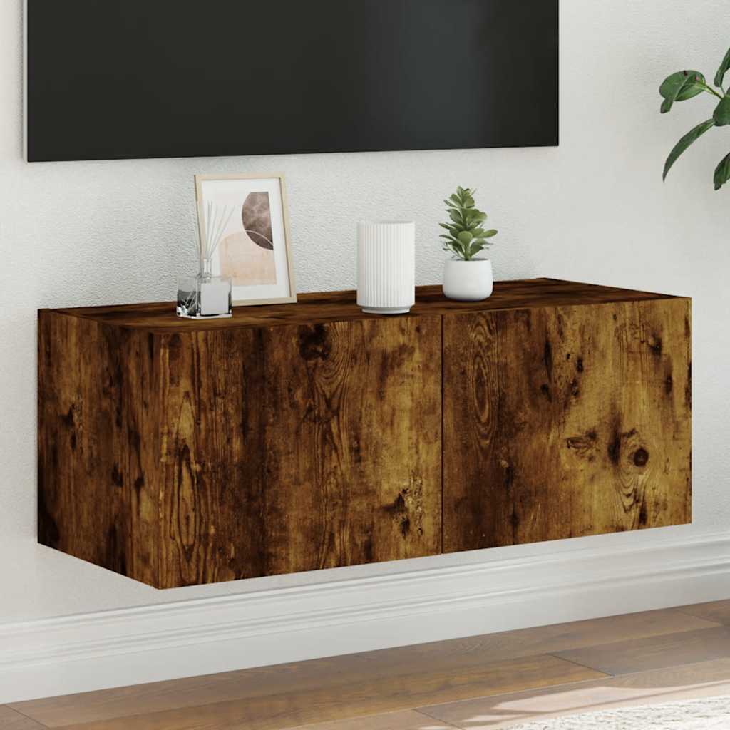 TV Wall Cabinet with LED Lights Smoked Oak 80x35x31 cm