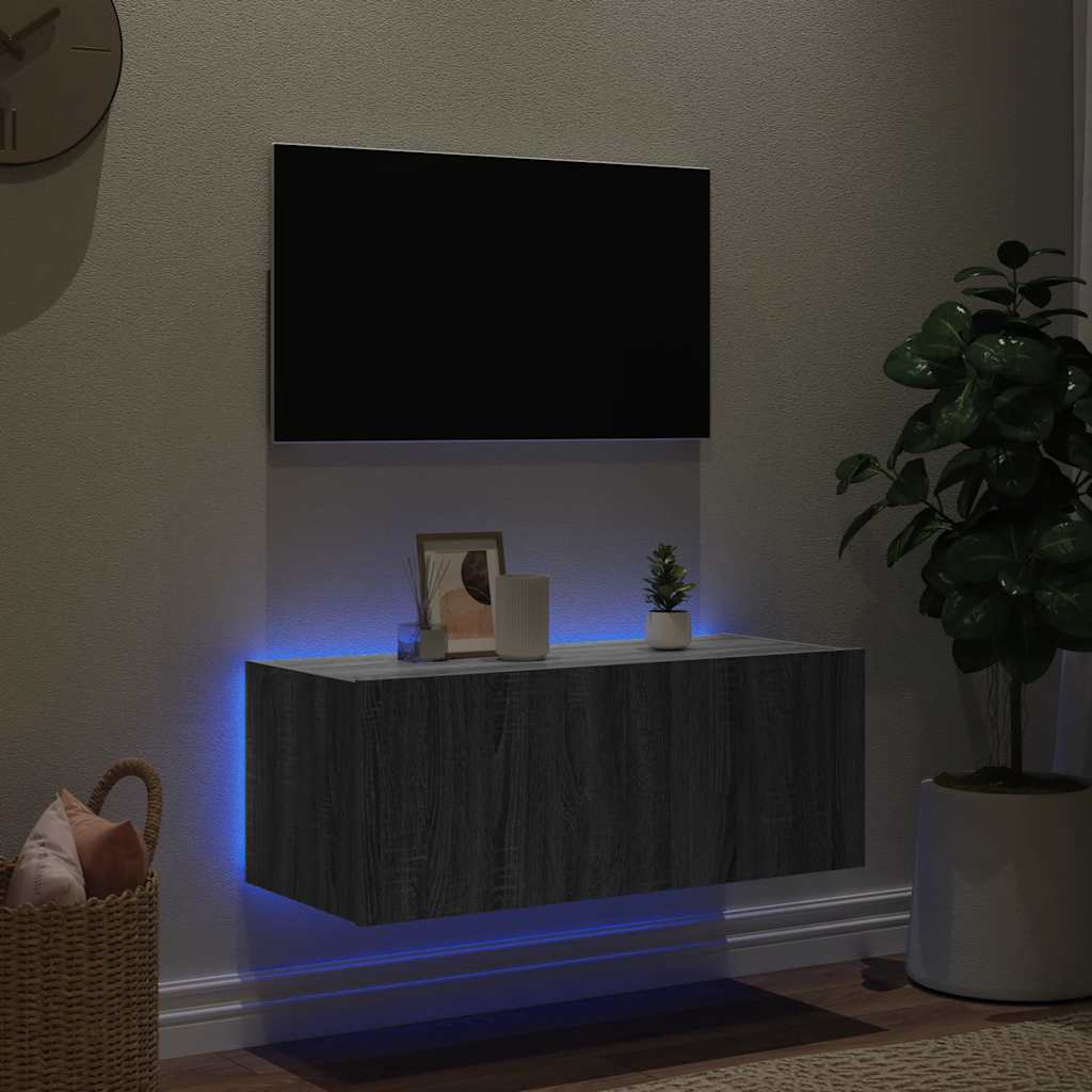 TV Wall Cabinet with LED Lights Grey Sonoma 80x35x31 cm