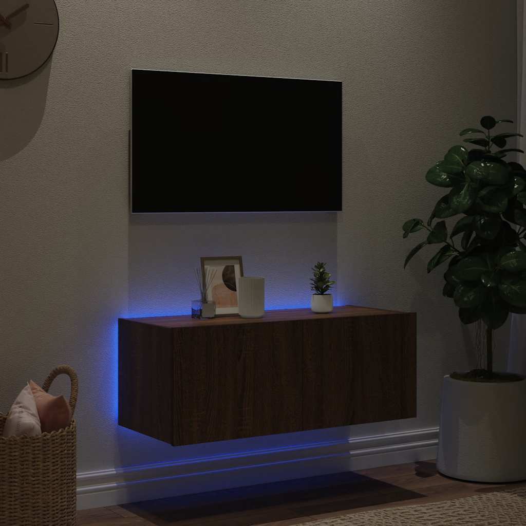 TV Wall Cabinet with LED Lights Brown Oak 80x35x31 cm