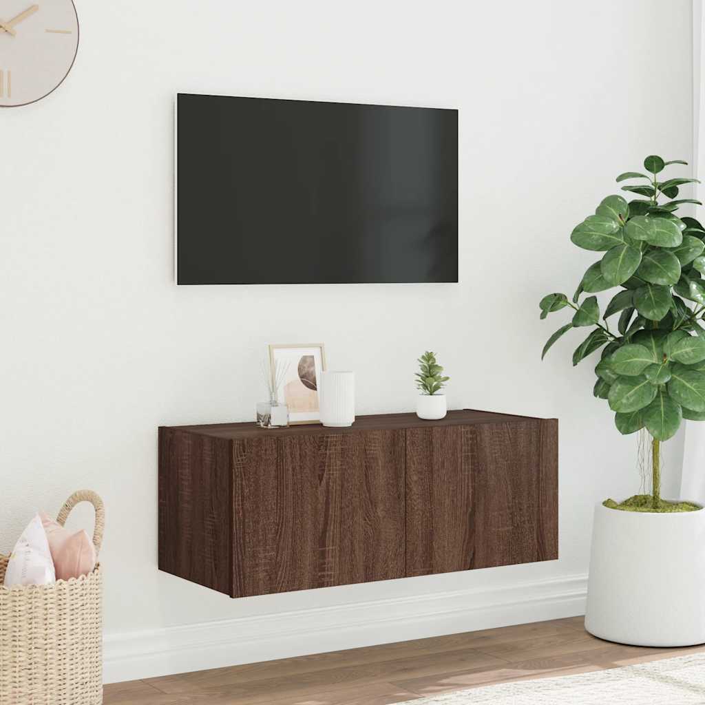 TV Wall Cabinet with LED Lights Brown Oak 80x35x31 cm