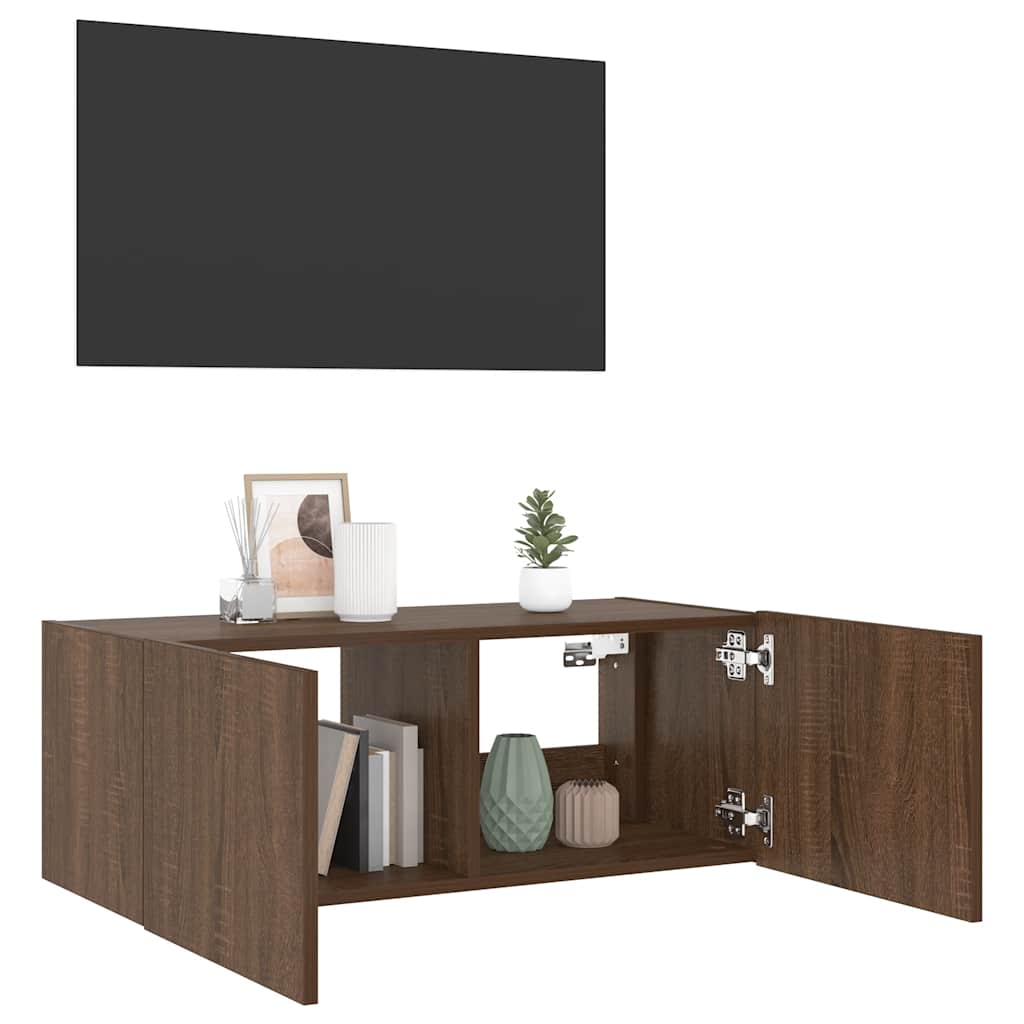 TV Wall Cabinet with LED Lights Brown Oak 80x35x31 cm