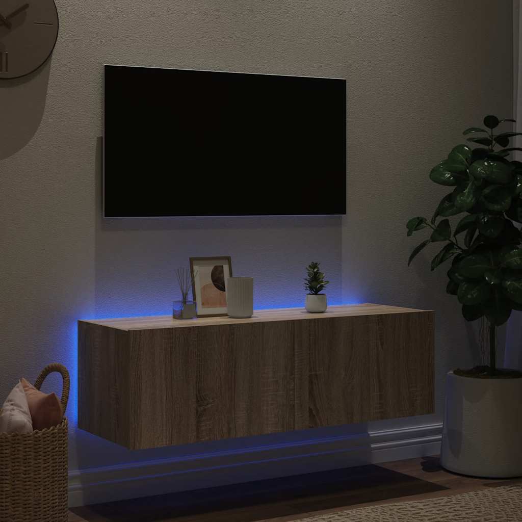 TV Wall Cabinet with LED Lights Sonoma Oak 100x35x31 cm