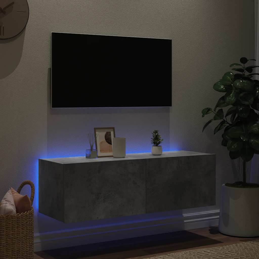 TV Wall Cabinet with LED Lights Concrete Grey 100x35x31 cm