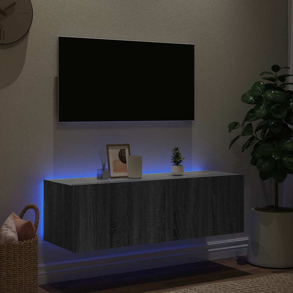 TV Wall Cabinet with LED Lights Grey Sonoma 100x35x31 cm