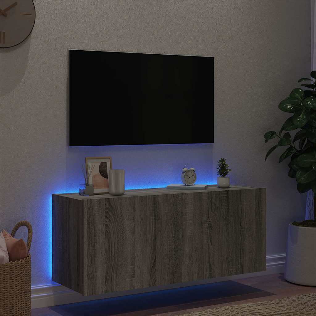 TV Wall Cabinet with LED Lights Grey Sonoma 100x35x41 cm